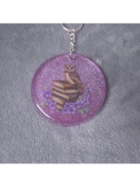 Handmade Resin Glitter Owl Keychain Books Purple Flowers 2 Diameter Unique Gift